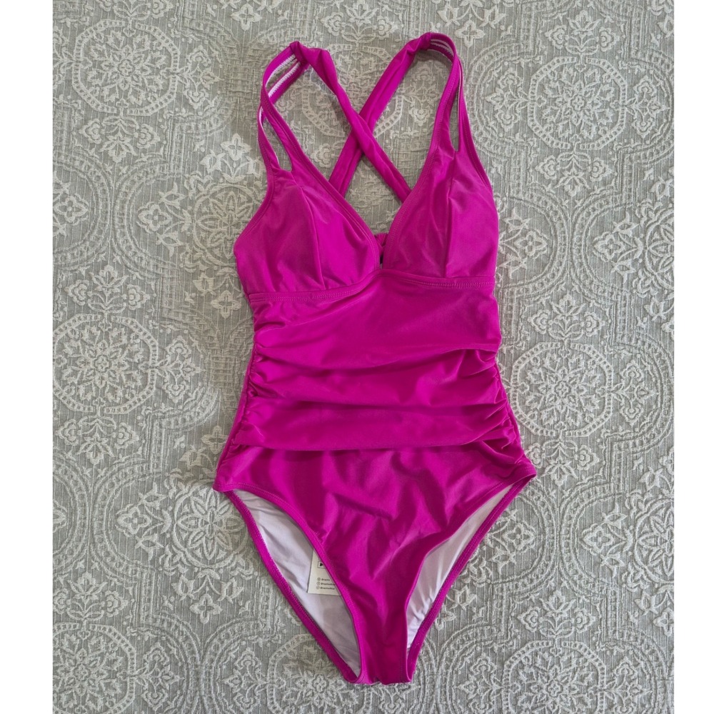 CUPSHE Womens Pink Ruched V-Neck Cross Back One Piece Swimsuit Size S New